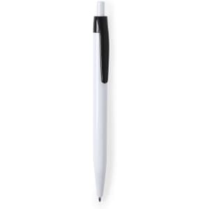 A plastic pen in white with a black clip and tip. Features a logo on the body.