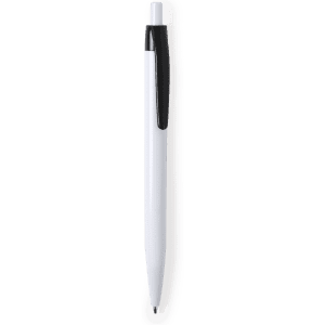 A plastic pen featuring a white body and a black clip, accompanied by a logo.