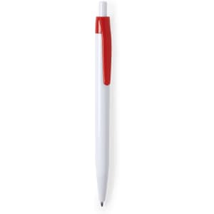A plastic pen with a white barrel and a red clip. It features a logo on the barrel.