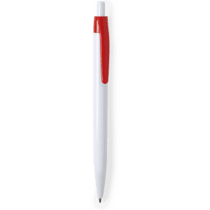 A plastic pen in white and red, featuring a smooth, sleek design with a clip and a branding logo.