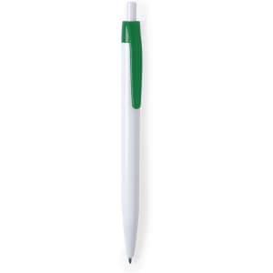 A white plastic pen with a green clip and tip. The pen features a logo on its barrel.