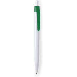 A plastic pen in white and green, featuring a branding logo on the side.