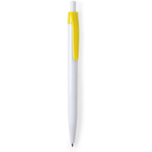 A plastic pen with a white barrel and a yellow clip. It features a logo on the side.