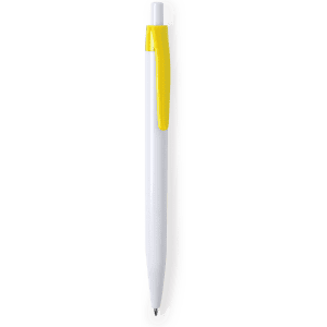 A plastic pen in white with a yellow clip, featuring a sleek design and a branding logo.
