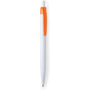 A plastic pen featuring a white body and an orange cap with a logo.