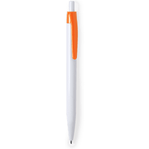 A plastic pen in white with an orange clip, featuring a logo on its body.