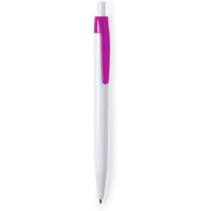A plastic pen featuring a white barrel and a purple clip, with a branding logo on the pen.