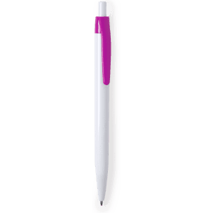 A plastic pen in white with a purple clip, featuring a logo on its surface.