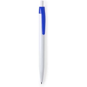 A plastic pen in white with a blue clip. The pen has a logo on it.