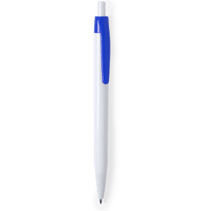A plastic pen in white with a blue clip, featuring a simple design and a logo on the barrel.