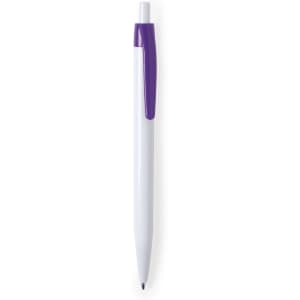 A plastic pen featuring a white body and a purple clip, with branding visible.
