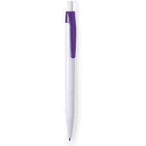 A plastic pen in white and purple, featuring a clip and a smooth design, with a logo on the barrel.