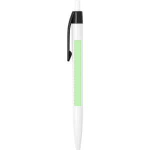 A plastic pen in white with a green section and a black clip, featuring a logo.