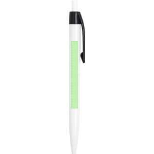 A plastic pen in white and black with a green accent and a branding logo on the side.