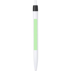 A plastic pen in white with a green section for customisation and a black top. It features a logo.