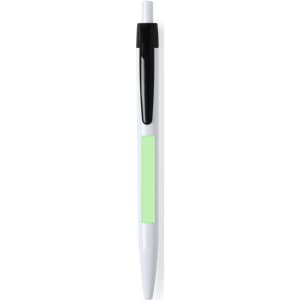 A plastic pen in white with a black clip and a green section for branding or grip.