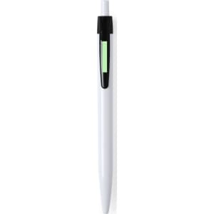 A plastic pen in white with a black clip and a green accent. It features a simple design and has a logo.