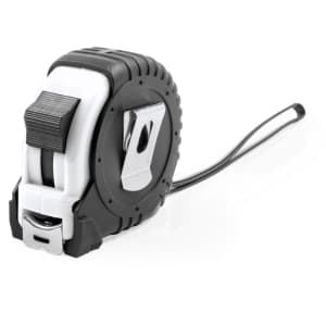 A black and white 7.5m tape measure with a sturdy casing and a metal clip, featuring a logo on the front.