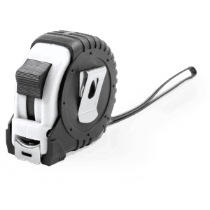 A black and white 7.5m tape measure with a retractable mechanism and a durable casing.