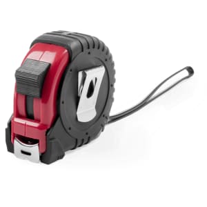 A red and black 7.5m tape measure with a metal hook and a secure locking mechanism. It features a branding logo.
