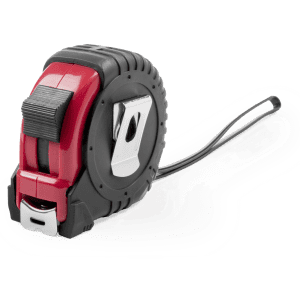 A red and black 7.5m tape measure with a retractable design and a metal hook. It features a branding logo.