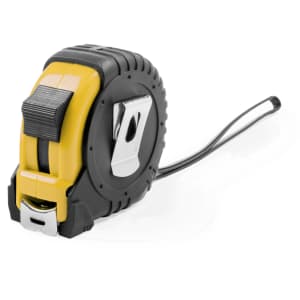 A black and yellow 7.5m tape measure featuring a sturdy casing and a metal clip. It has a branding logo on the side.