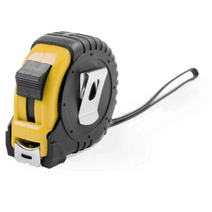 A yellow and black 7.5m tape measure with a retractable design and a built-in clip for easy carrying.