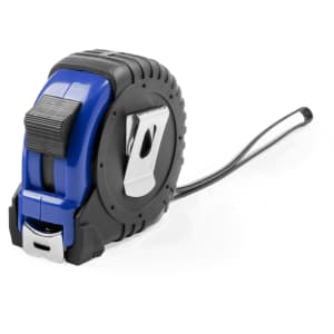 A tape measure in black and blue, featuring a durable casing and a retractable measuring tape.