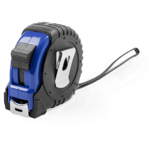 A black and blue 7.5m tape measure with a sturdy casing and a retractable mechanism, featuring a logo.