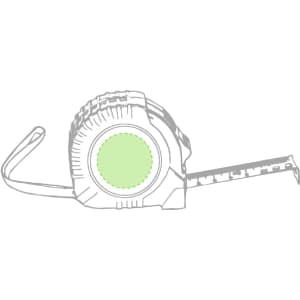 A green tape measure with a retractable design and a measuring tape that extends from the casing.