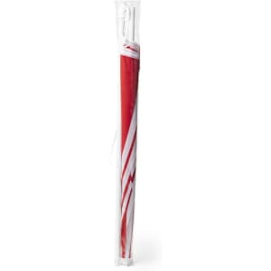A red and white striped beach umbrella neatly packaged in a transparent cover. It has a logo on the cover.