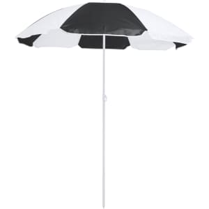 A black and white striped beach umbrella with a white pole, featuring a simple design and a logo.