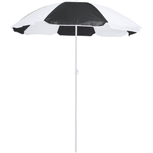 A beach umbrella divided into black and white sections, with a sturdy pole for support and a logo on the fabric.