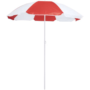 A red and white striped beach umbrella with a white pole, featuring a simple design and a logo.