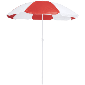 A red and white striped beach umbrella with a white pole and a logo on it, suitable for leisure and outdoor use.