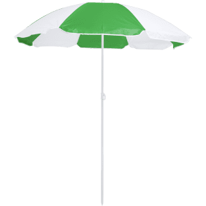 A green and white beach umbrella with a sturdy pole and a logo on the canopy.