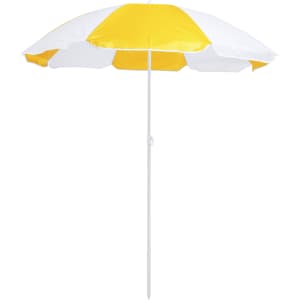 A beach umbrella in yellow and white, featuring a central pole and a rounded top, designed for outdoor leisure.