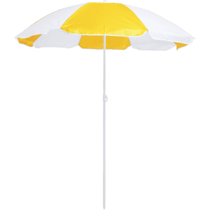 A beach umbrella featuring alternating yellow and white panels, supported by a white pole. It includes a logo.