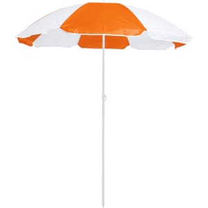A beach umbrella with orange and white panels, featuring a white pole and a branding logo.