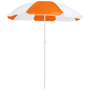 An orange and white beach umbrella with a central pole and a sturdy canopy. It features a simple design and a logo.