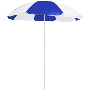 A blue and white striped beach umbrella with a white pole. It features a logo on the fabric.