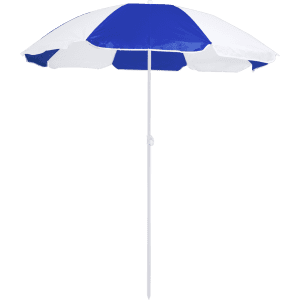 A beach umbrella with alternating blue and white panels, featuring a central support pole and a logo.