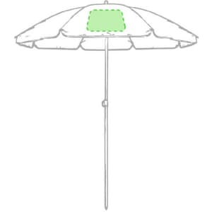 A beach umbrella with a light-coloured canopy and a central green patch, supported by a metal pole.