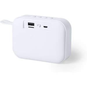 A white portable speaker featuring USB and charging ports, with control buttons on the top and a carrying strap.