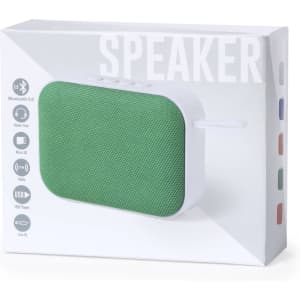 A green Bluetooth speaker in a white box, featuring a logo and multiple buttons on the side.