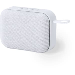 A white portable speaker with a mesh grille and control buttons on top, featuring a carrying loop.