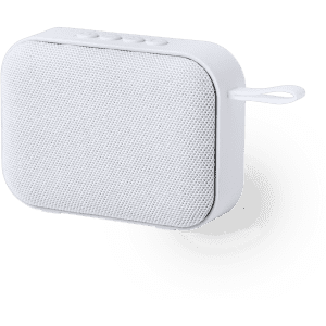 A white portable speaker featuring a mesh front, control buttons on top, and a loop for attachment.