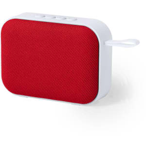 A red and white portable speaker featuring controls on top and a hanging loop for convenience.