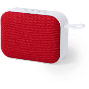 A red portable speaker with a white body and control buttons on the top, featuring a loop for easy carrying.