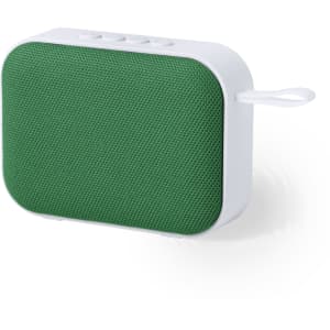 A green portable speaker with a textured surface and a white back, featuring control buttons on the top and a hanging loop.